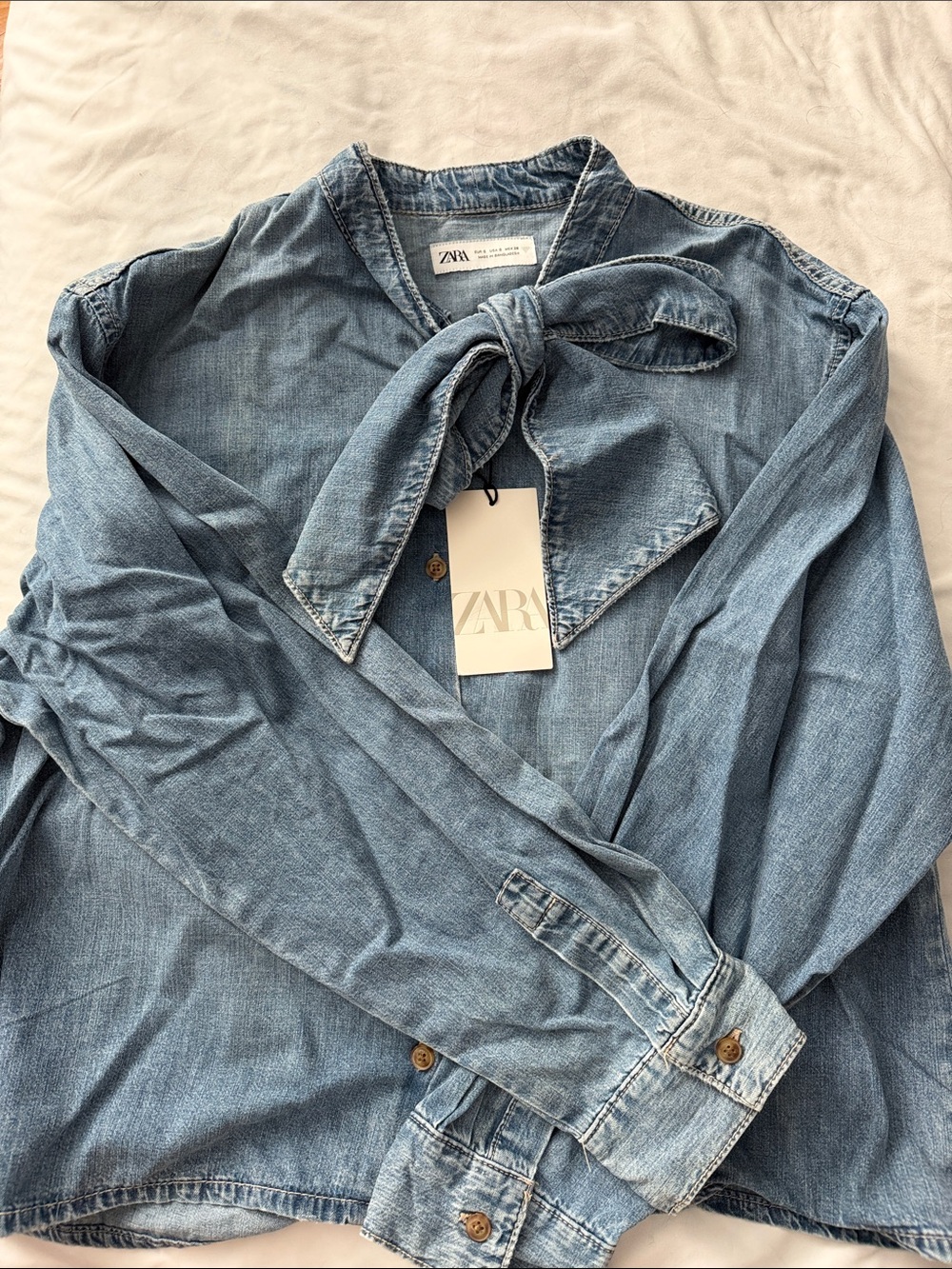 NWT ZARA Light Blue Denim Tie-Neck Women's Top